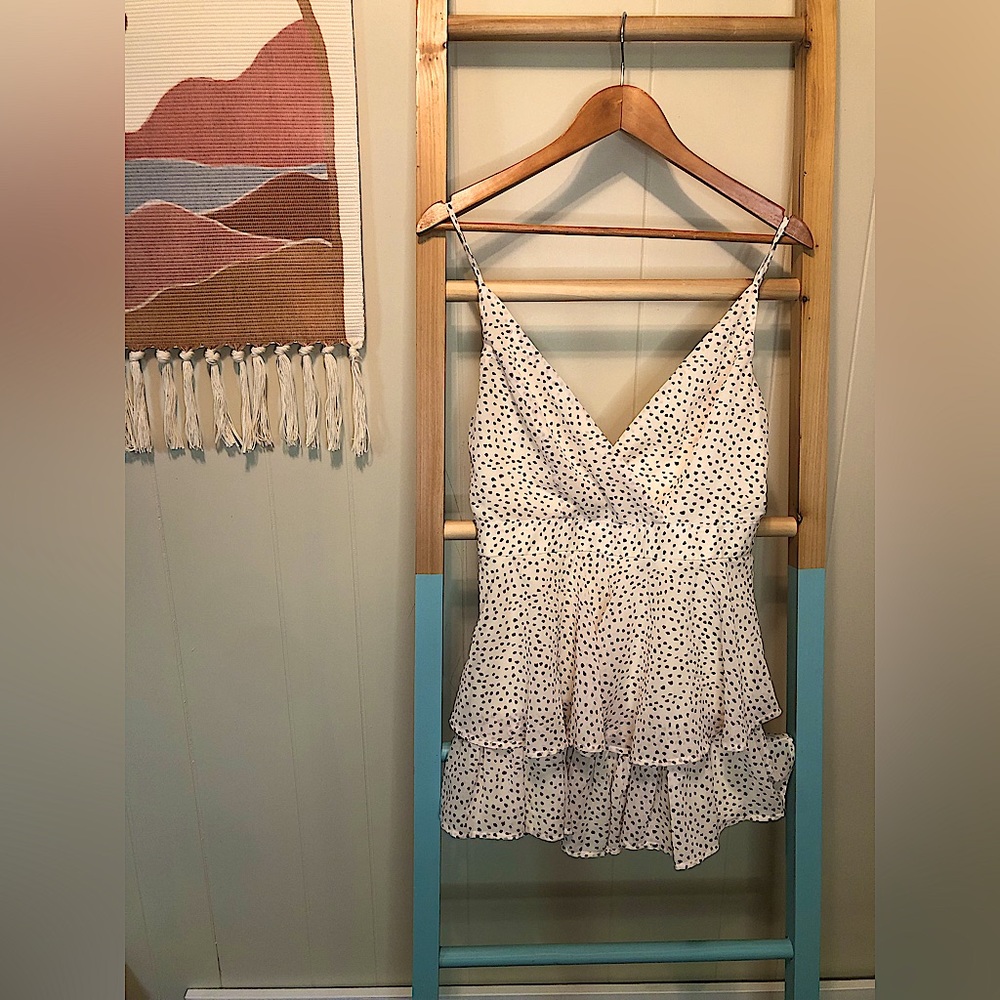 Lulu’s cream and brown polka dot ruffle spaghetti strap romper - Picture 1 of 9